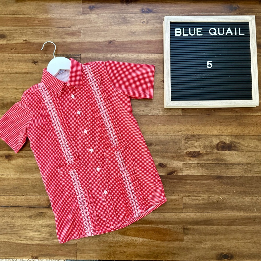 Blue Quail Girls Red White Gingham Short Sleeve Guayabera Dress 5 Summer UPF 50
